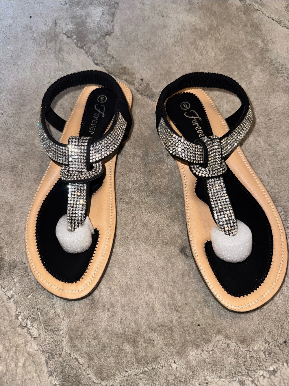 Forever Black Rhinestone T-Strap Sandals with Beige Footbed